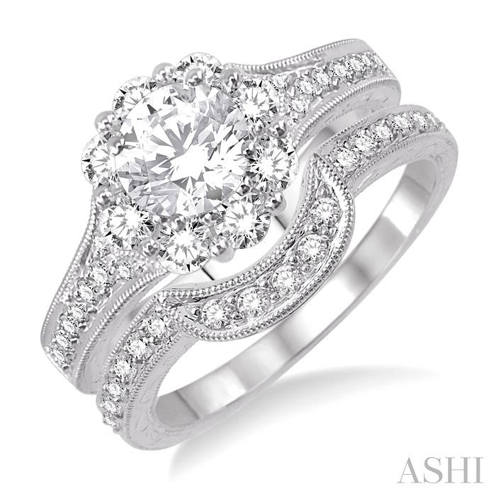 1 1/5 Ctw Diamond Wedding Set with 1 Ctw Round Cut Engagement Ring and 1/5 Ctw Wedding Band in 14K White Gold