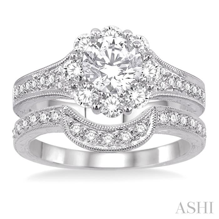 1 1/5 Ctw Diamond Wedding Set with 1 Ctw Round Cut Engagement Ring and 1/5 Ctw Wedding Band in 14K White Gold