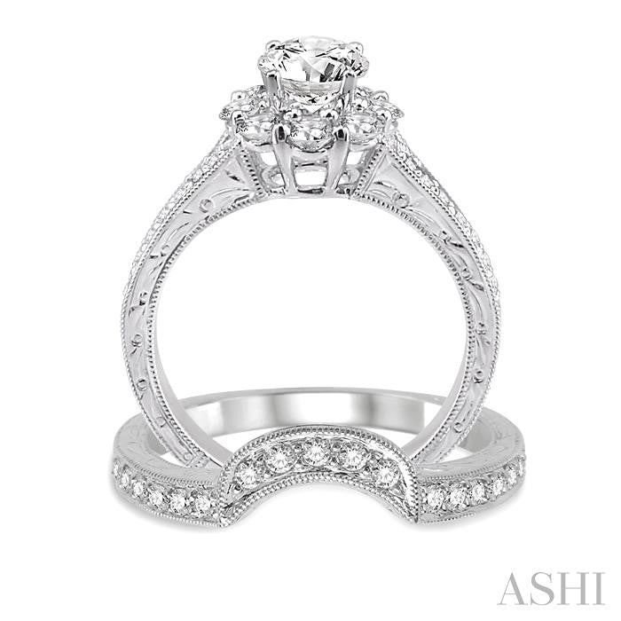 1 1/5 Ctw Diamond Wedding Set with 1 Ctw Round Cut Engagement Ring and 1/5 Ctw Wedding Band in 14K White Gold