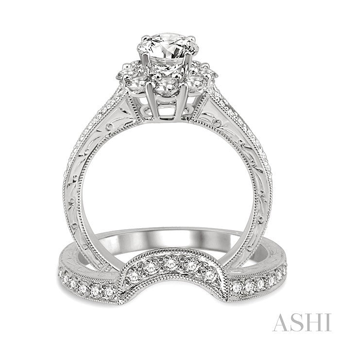 1 1/5 Ctw Diamond Wedding Set with 1 Ctw Round Cut Engagement Ring and 1/5 Ctw Wedding Band in 14K White Gold