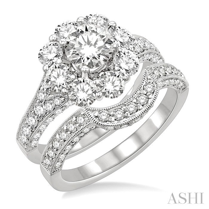 2 5/8 Ctw Diamond Wedding Set with 2 1/4 Ctw Round Cut Engagement Ring and 1/3 Ctw Wedding Band in 14K White Gold
