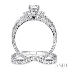1 1/6 Ctw Diamond Wedding Set with 1 Ctw Round Cut Engagement Ring and 1/6 Ctw Wedding Band in 14K White Gold
