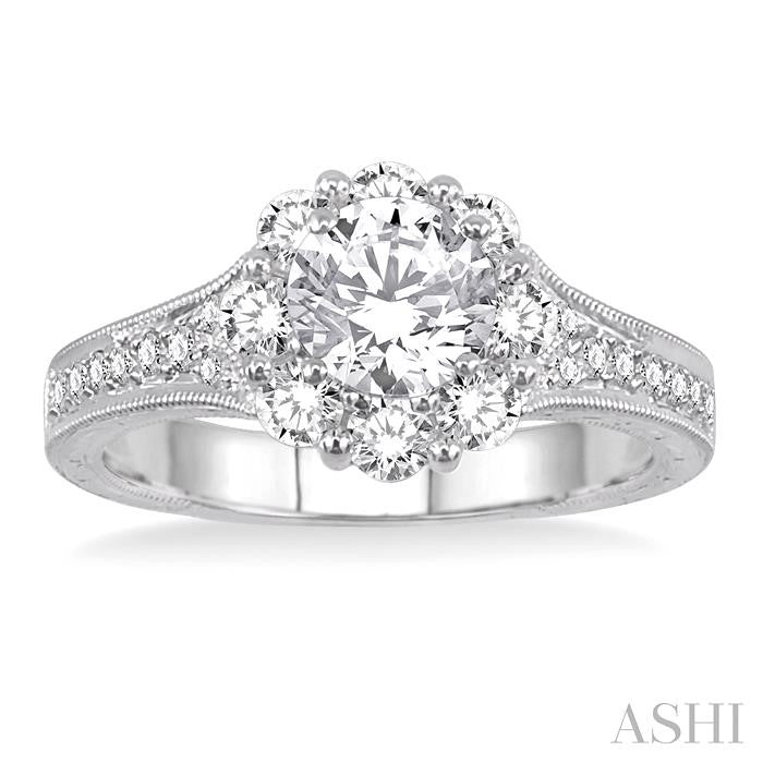 1 Ctw Diamond Flower Engagement Ring with 1/3 Ct Round Cut Center Stone in 14K White Gold
