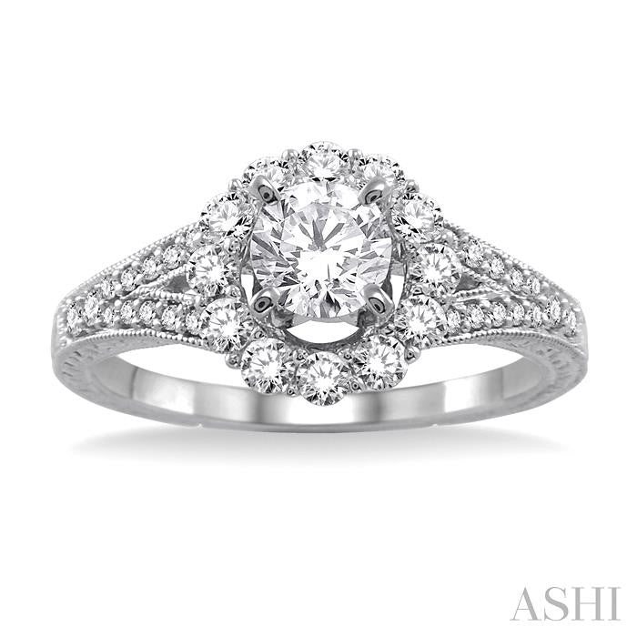 1 Ctw Diamond Flower Engagement Ring with 1/2 Ct Round Cut Center Stone in 14K White Gold