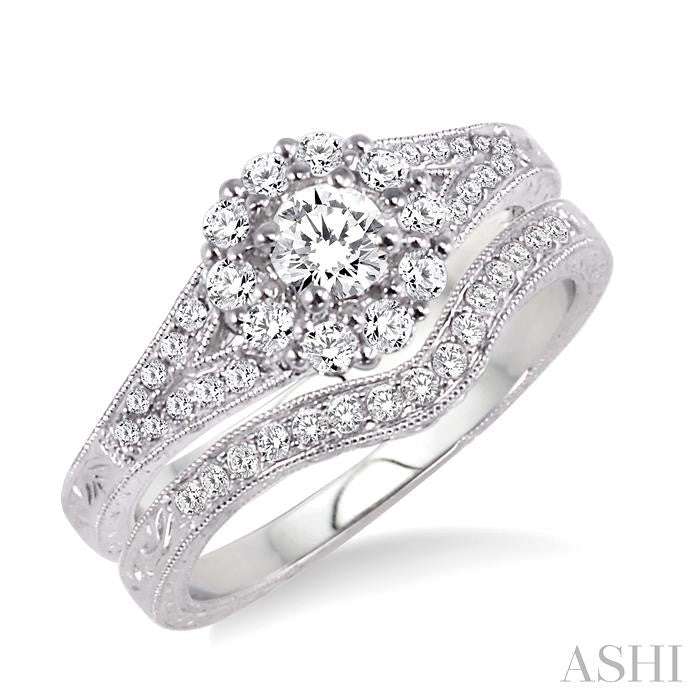 3/4 Ctw Diamond Wedding Set with 5/8 Ctw Round Cut Engagement Ring and 1/6 Ctw Wedding Band in 14K White Gold