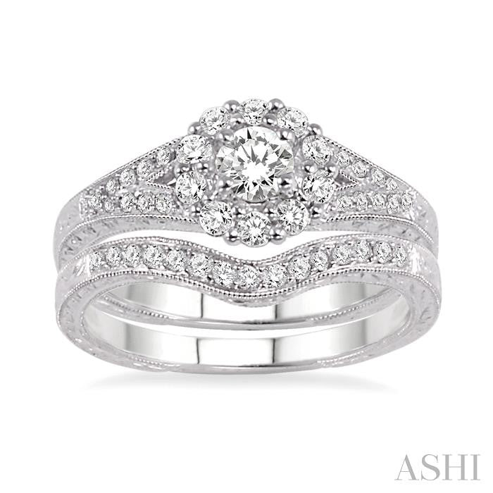 3/4 Ctw Diamond Wedding Set with 5/8 Ctw Round Cut Engagement Ring and 1/6 Ctw Wedding Band in 14K White Gold