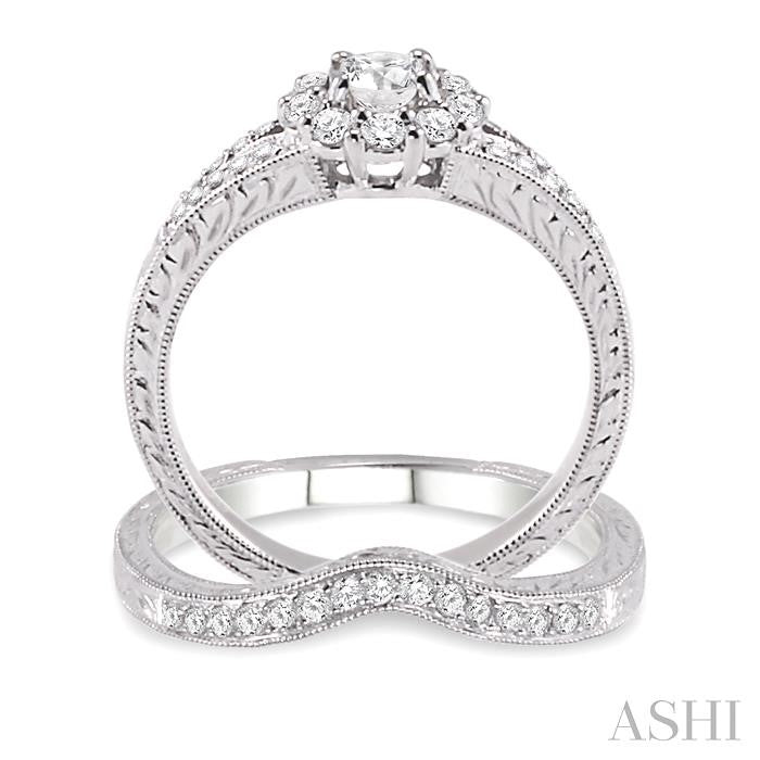 3/4 Ctw Diamond Wedding Set with 5/8 Ctw Round Cut Engagement Ring and 1/6 Ctw Wedding Band in 14K White Gold