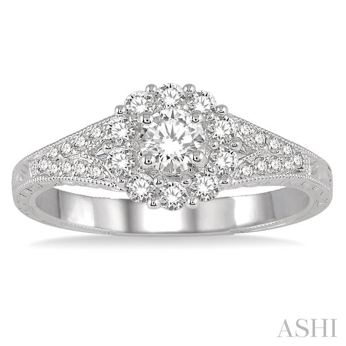 5/8 Ctw Diamond Engagement Ring with 1/4 Ct Round Cut Center Stone in 14K White Gold