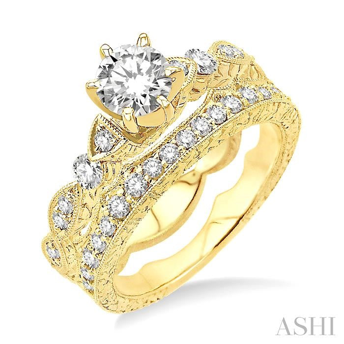 1 1/4 Ctw Diamond Wedding Set with 1 Ctw Round Cut Engagement Ring and 1/3 Ctw Wedding Band in 14K Yellow Gold