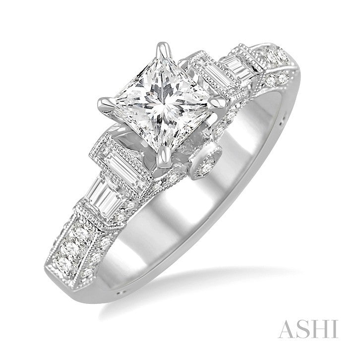 1 1/2 Ctw Diamond Engagement Ring with 3/4 Ct Princess Cut Center Stone in 14K White Gold