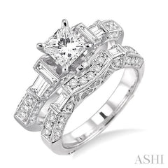 2 Ctw Diamond Wedding Set with 1 1/2 Ctw Princess Cut Engagement Ring and 3/8 Ctw Wedding Band in 14K White Gold
