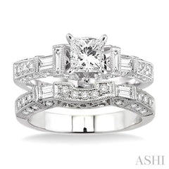2 Ctw Diamond Wedding Set with 1 1/2 Ctw Princess Cut Engagement Ring and 3/8 Ctw Wedding Band in 14K White Gold