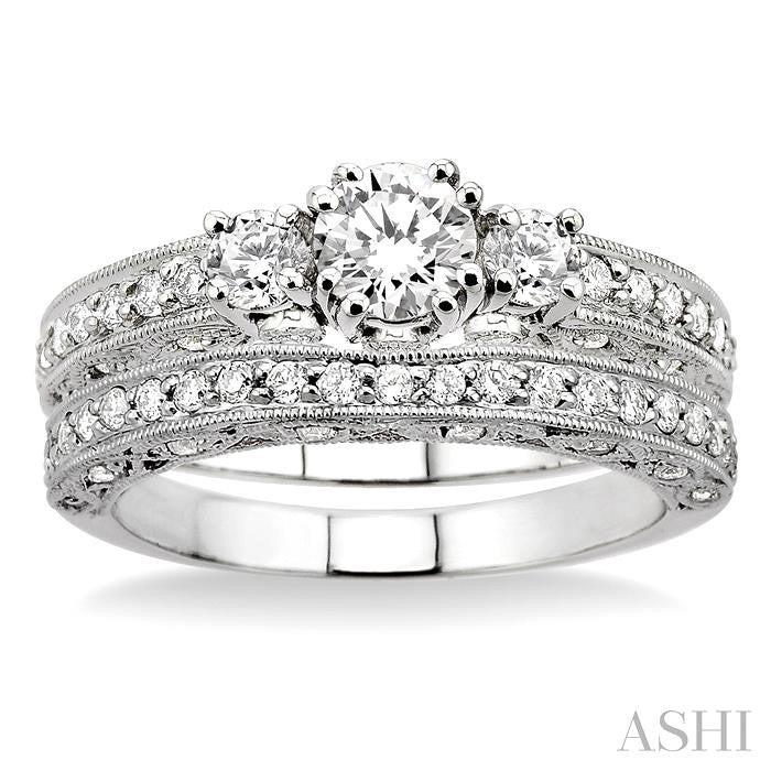 1 1/4 ctw Diamond Wedding Set with 7/8 ctw Round Cut Engagement Ring and 3/8 ctw Wedding Band in 14K White Gold