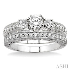 1 1/4 ctw Diamond Wedding Set with 7/8 ctw Round Cut Engagement Ring and 3/8 ctw Wedding Band in 14K White Gold