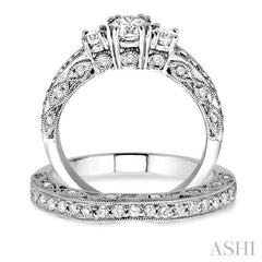 1 1/4 ctw Diamond Wedding Set with 7/8 ctw Round Cut Engagement Ring and 3/8 ctw Wedding Band in 14K White Gold
