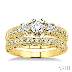1 1/4 Ctw Diamond Wedding Set with 7/8 Ctw Round Cut Engagement Ring and 3/8 Ctw Wedding Band in 14K Yellow Gold