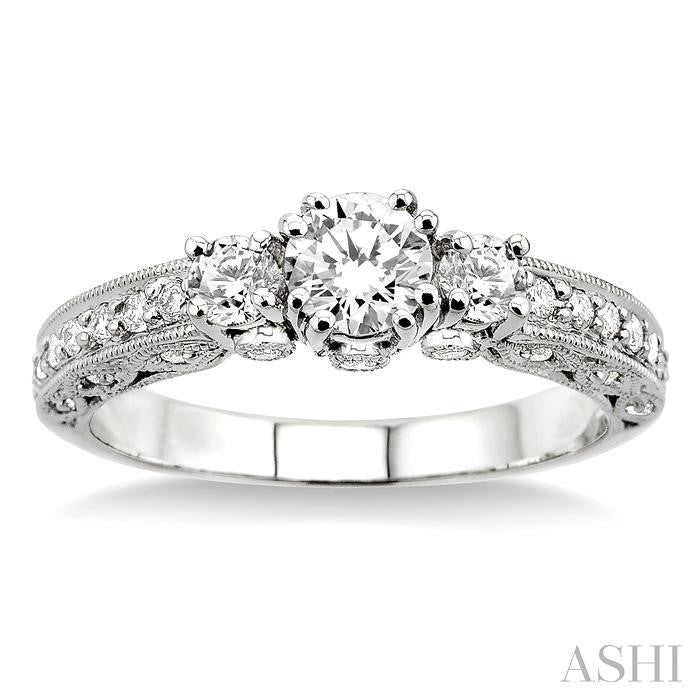 7/8 ctw Diamond Engagement Ring with 1/3 ct Round Cut Center Stone in 14K White Gold