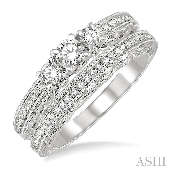 3/4 Ctw Diamond Wedding Set with 1/2 Ctw Round Cut Engagement Ring and 1/6 Ctw Wedding Band in 14K White Gold