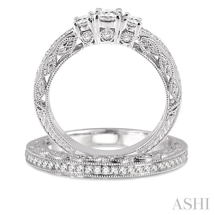 3/4 Ctw Diamond Wedding Set with 1/2 Ctw Round Cut Engagement Ring and 1/6 Ctw Wedding Band in 14K White Gold