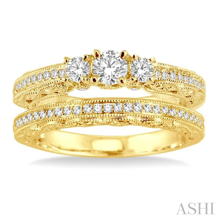 3/4 Ctw Diamond Wedding Set with 1/2 Ctw Round Cut Engagement Ring and 1/6 Ctw Wedding Band in 14K Yellow Gold