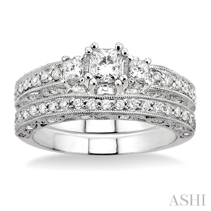 1 1/4 ctw Diamond Wedding Set with 7/8 ctw Princess Cut Engagement Ring and 3/8 ctw Wedding Band in 14K White Gold