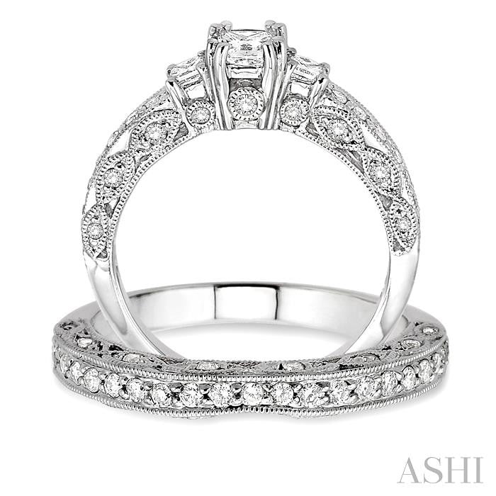 1 1/4 ctw Diamond Wedding Set with 7/8 ctw Princess Cut Engagement Ring and 3/8 ctw Wedding Band in 14K White Gold