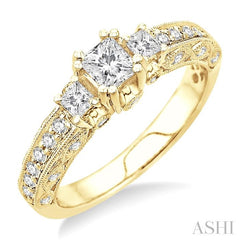 7/8 Ctw Diamond Engagement Ring with 1/3 Ct Princess Cut Center Stone in 14K Yellow Gold
