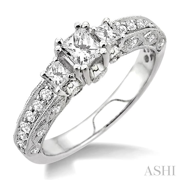7/8 ctw Diamond Engagement Ring with 1/3 ct Princess Cut Center Stone in 14K White Gold