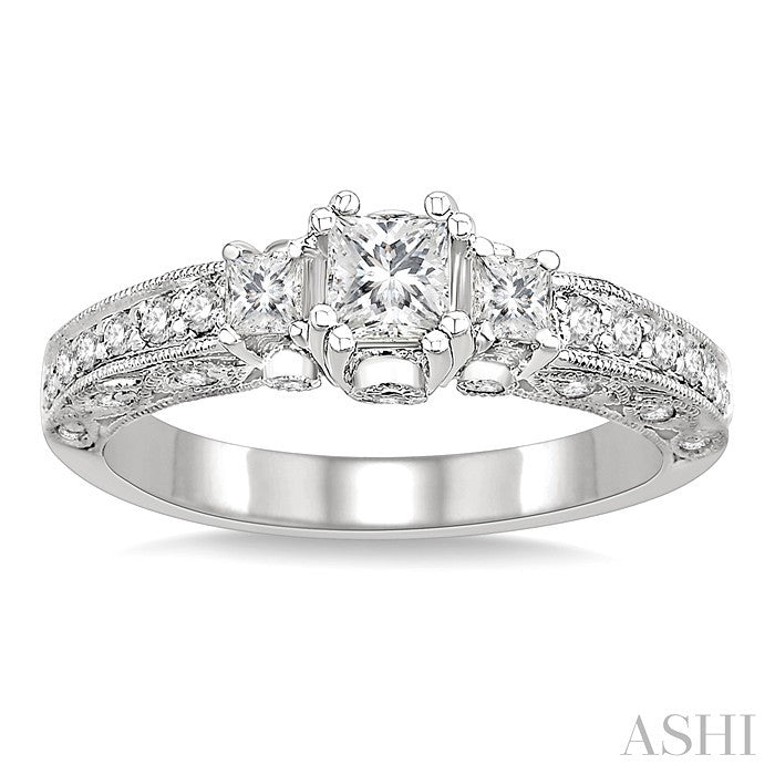 7/8 Ctw Diamond Engagement Ring with 1/3 Ct Princess Cut Center Stone in 14K White Gold