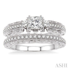 3/4 ctw Diamond Wedding Set with 1/2 ctw Princess Cut Engagement Ring and 1/5 ctw Wedding Band in 14K White Gold