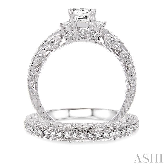 3/4 Ctw Diamond Wedding Set with 1/2 Ctw Princess Cut Engagement Ring and 1/5 Ctw Wedding Band in 14K White Gold