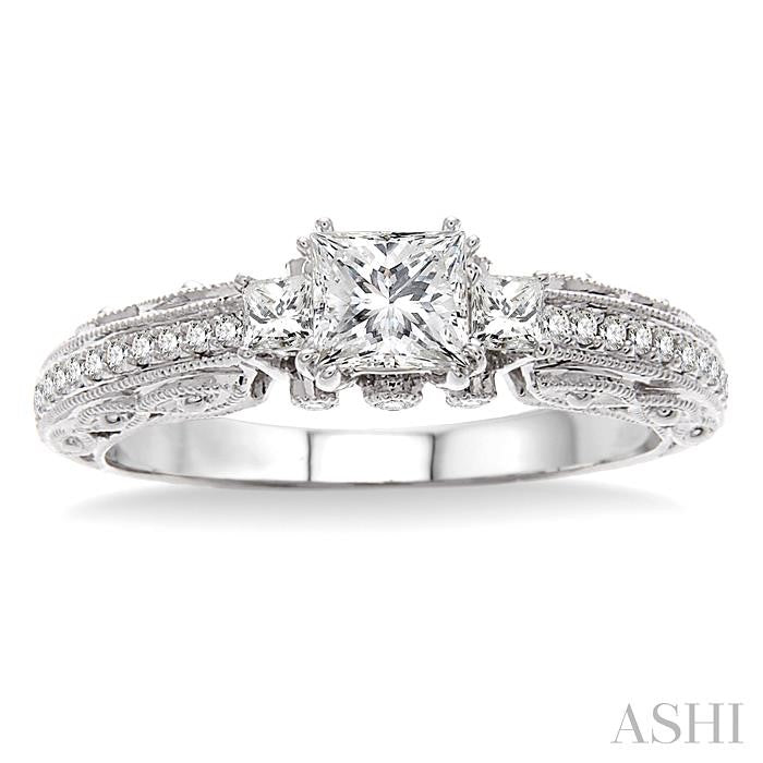 1/2 ctw Diamond Engagement Ring with 1/3 ct Princess Cut Center Stone in 14K White Gold