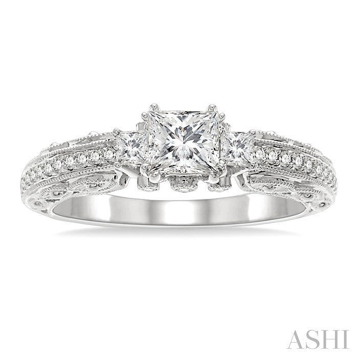 1/2 Ctw Diamond Engagement Ring with 1/3 Ct Princess Cut Center Stone in 14K White Gold