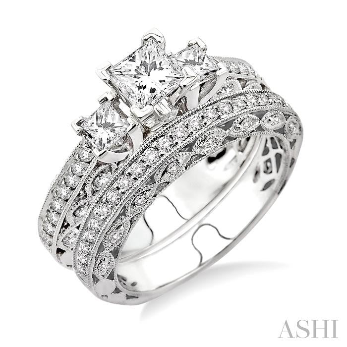 1 1/10 ctw Diamond Wedding Set with 7/8 ctw Princess Cut Engagement Ring and 1/4 ctw Wedding Band in 14K White Gold