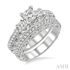 1 1/10 Ctw Diamond Wedding Set with 7/8 Ctw Princess Cut Engagement Ring and 1/4 Ctw Wedding Band in 14K White Gold