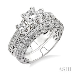 1 1/10 ctw Diamond Wedding Set with 7/8 ctw Princess Cut Engagement Ring and 1/4 ctw Wedding Band in 14K White Gold