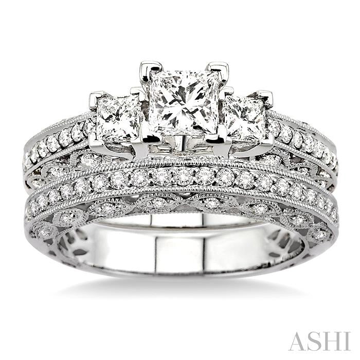 1 1/10 ctw Diamond Wedding Set with 7/8 ctw Princess Cut Engagement Ring and 1/4 ctw Wedding Band in 14K White Gold