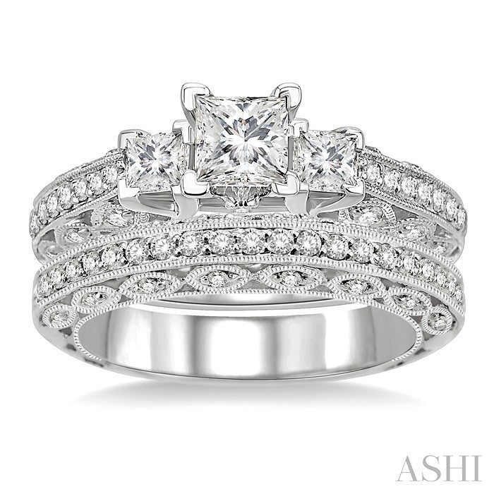 1 1/10 Ctw Diamond Wedding Set with 7/8 Ctw Princess Cut Engagement Ring and 1/4 Ctw Wedding Band in 14K White Gold