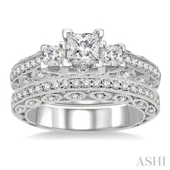 1 1/10 Ctw Diamond Wedding Set with 7/8 Ctw Princess Cut Engagement Ring and 1/4 Ctw Wedding Band in 14K White Gold