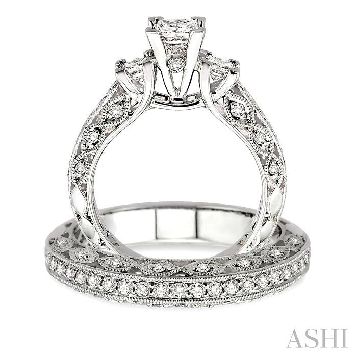 1 1/10 ctw Diamond Wedding Set with 7/8 ctw Princess Cut Engagement Ring and 1/4 ctw Wedding Band in 14K White Gold