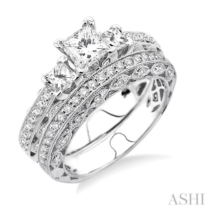 1 1/2 ctw Diamond Wedding Set with 1 1/4 ctw Princess Cut Engagement Ring and 1/4 ctw Wedding Band in 14K White Gold