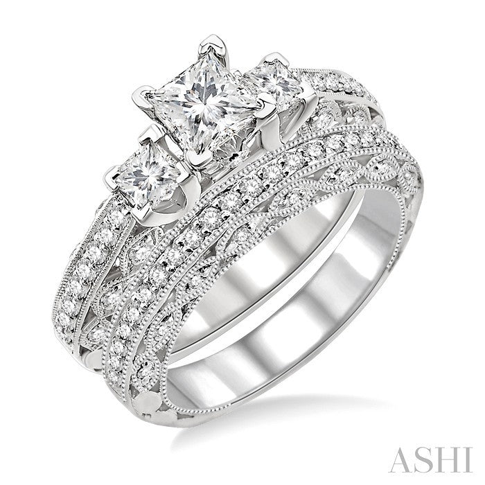 1 1/2 Ctw Diamond Wedding Set with 1 1/4 Ctw Princess Cut Engagement Ring and 1/4 Ctw Wedding Band in 14K White Gold
