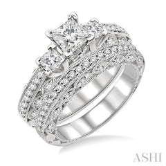1 1/2 Ctw Diamond Wedding Set with 1 1/4 Ctw Princess Cut Engagement Ring and 1/4 Ctw Wedding Band in 14K White Gold