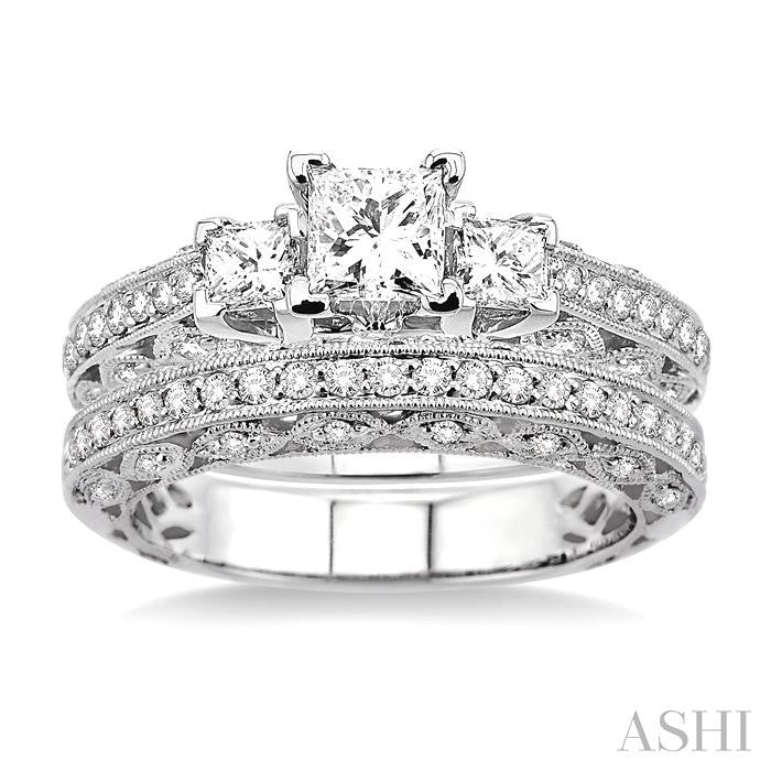 1 1/2 ctw Diamond Wedding Set with 1 1/4 ctw Princess Cut Engagement Ring and 1/4 ctw Wedding Band in 14K White Gold