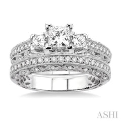 1 1/2 ctw Diamond Wedding Set with 1 1/4 ctw Princess Cut Engagement Ring and 1/4 ctw Wedding Band in 14K White Gold
