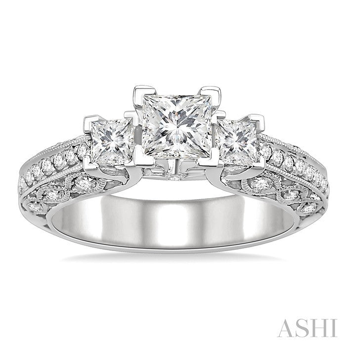 7/8 Ctw Diamond Engagement Ring with 1/3 Ct Princess Cut Center Stone in 14K White Gold
