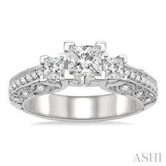 7/8 Ctw Diamond Engagement Ring with 1/3 Ct Princess Cut Center Stone in 14K White Gold