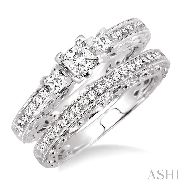 3/4 ctw Diamond Wedding Set with 1/2 ctw Princess Cut Engagement Ring and 1/5 ctw Wedding Band in 14K White Gold