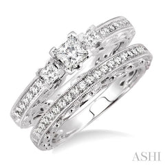 3/4 ctw Diamond Wedding Set with 1/2 ctw Princess Cut Engagement Ring and 1/5 ctw Wedding Band in 14K White Gold