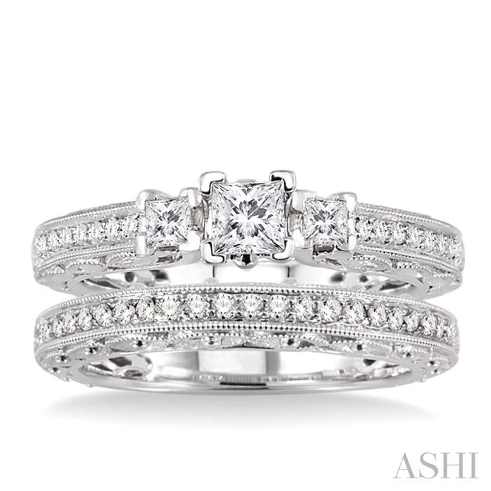 3/4 ctw Diamond Wedding Set with 1/2 ctw Princess Cut Engagement Ring and 1/5 ctw Wedding Band in 14K White Gold